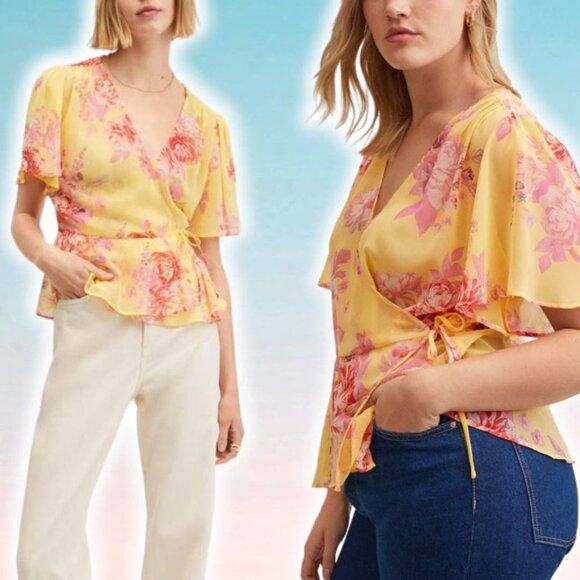 NWT MANGO Romance Wrap Floral Blouse Sz 4 - Picture 1 of 10